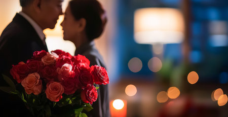 Elderly Asian couple sharing a romantic moment with a bouquet of roses. Concept of love, Valentine's Day, romance in later years, intimacy, and celebration of enduring relationships. Copy space.の写真素材