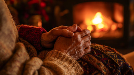 Elderly Person's Hands Clasped Together Near a Warm Fireplace. Concept of Solitude, Reflection, Cozy Winter Evenings, and Inner Peace.の写真素材