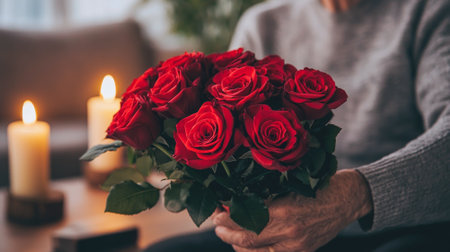 Elderly man presenting a bouquet of red roses indoors with lit candles. Concept of affection, thoughtful gifts, romantic gestures for special occasions.の写真素材