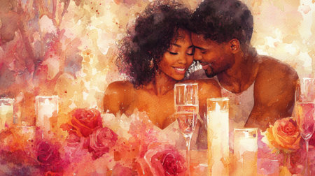 Romantic African American Couple Embracing with Roses and Candles Watercolor Art. Concept of Love,...