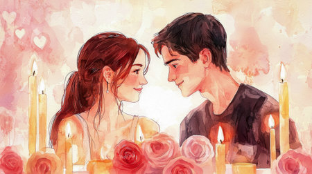 Romantic watercolor illustration of a young couple gazing at each other amidst candles and roses....