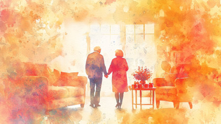 Watercolor illustration of elderly couple holding hands in cozy room Concept of love, companionship, aging gracefully Romantic art with warm tones and peaceful atmosphere.の写真素材