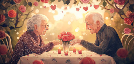 Elderly couple enjoying a romantic dinner surrounded by roses and candles. Concept of love, aging gracefully, Valentine's Day romance, togetherness in later life, romantic evening ambiance.の写真素材