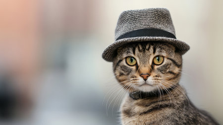 Charming Cat Wearing a Stylish Hat Outdoors Concept of Fashionable Pets, Whimsy, and Playful Animal Accessories. Copy space.の写真素材