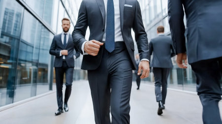 Confident Businessmen Walking in Modern Office Hallway. Concept of Professionalism, Corporate Attire, and Business Leadership in Urban Environment.の写真素材