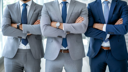 Businessmen with Crossed Arms in Modern Office Setting. Concept of Professionalism, Corporate...