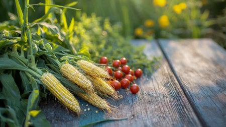 Freshly Harvested Corn and Tomatoes on a Rustic Wooden Table. Concept of Sustainable Agriculture,...