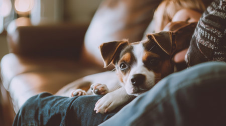 Family enjoying quality time with a small puppy in a cozy living room. Concept of family bonding, pet care, and domestic comfort. Copy space.の写真素材