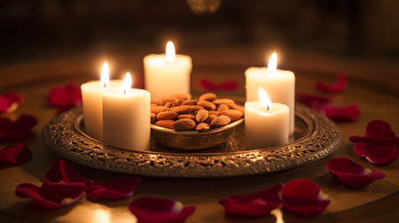 Warm candlelight casting a soft glow over almonds and rose petals on an elegant tray. Concept of peaceful ambiance, relaxation, and natural beauty in a cozy setting. Nowruz.の写真素材