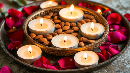 Tranquil Setting with Lit Candles Surrounded by Almonds and Rose Petals Concept of Calmness,...