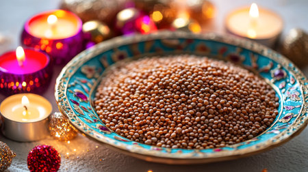 Decorative plate filled with lentils surrounded by colorful candles and festive ornaments. Concept of traditional celebrations, festive decor, cultural symbolism, and vibrant holiday ambiance.の写真素材