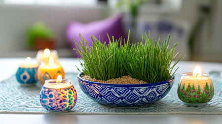 Close-Up of Vibrant Sabzeh Sprouts with Decorative Candles Celebrating Nowruz Greenery Concept of Cultural Festivity New Beginnings Natural Beauty.の写真素材