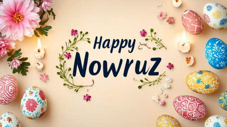 Stylish Happy Nowruz Greeting with Colorful Decorated Eggs and Flowers Concept of Persian New Year, Spring Celebration, Cultural Festivity.の写真素材