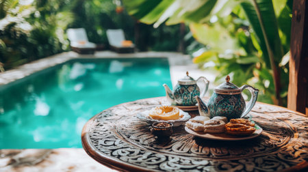 Relaxing outdoor scene with tea and pastries by a serene pool. Concept of tranquility, indulgence in nature, and leisurely moments.の写真素材