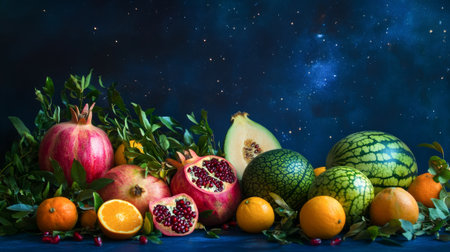 A Vibrant Arrangement of Persian New Year Fruits with Pomegranates, Melons, and Oranges. Concept of Festive Celebrations, Abundance, and Seasonal Freshness. Copy space.の写真素材