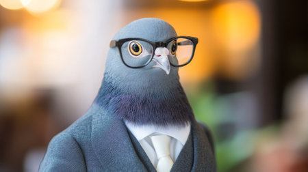 Pigeon in a Business Suit with Glasses on a Light Blurred Background. Concept of Creativity, Humor,...
