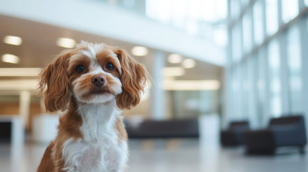 Adorable Cavalier King Charles Spaniel in a Modern Office Setting. Concept of Pet-Friendly...