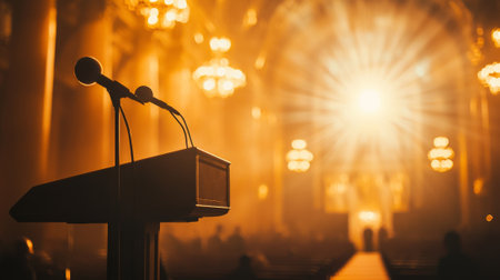 Microphone and Podium in Majestic Hall with Golden Light Rays Concept of Public Speaking, Leadership, Inspirational Speeches, and Powerful Presentations. Copy space.の写真素材
