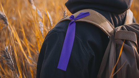 Purple Ribbon on Backpack in Wheat Field. Concept of Epilepsy Awareness, Outdoor Exploration, and...