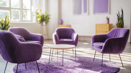 Modern living room with purple chairs and sunlight. Concept of contemporary interior design, vibrant home decor, comfortable seating arrangement.の写真素材