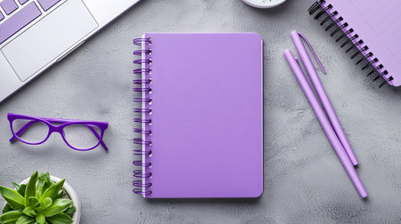 Purple Notebook with Pens and Glasses on Gray Surface. Concept of Productivity, Office Supplies,...