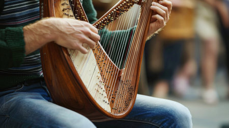 Traditional Harp Player Showcasing Celtic Music Skills in Outdoor Performance. Concept of Cultural...
