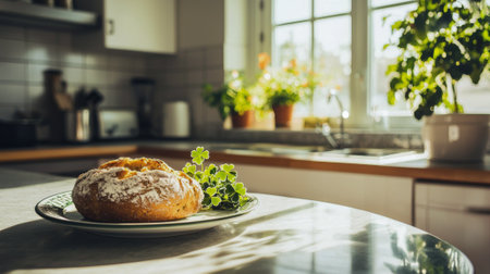 Freshly Baked Irish Soda Bread on a Sunlit Kitchen Counter with Shamrocks. Concept of Homemade...