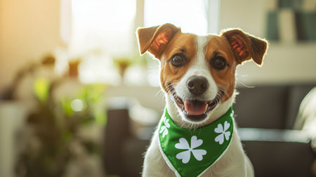 Cute Dog Wearing a Green Shamrock Bandana Celebrating St Patrick's Day Indoors. Concept of Festive Pet, Irish Holiday, Canine Fashion. Copy space.の写真素材