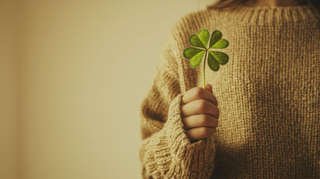 Woman Holding a Four-Leaf Clover, Celebrating St. Patrick's Day. Concept of Irish Luck, Cultural Traditions, Festive Celebrations. Copy space.の写真素材