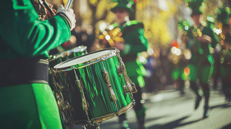 Festive Saint Patrick's Day Parade Participants in Green Costumes Playing Drums. Concept of Cultural Celebration, Traditional Festivities, Community Spirit.の写真素材