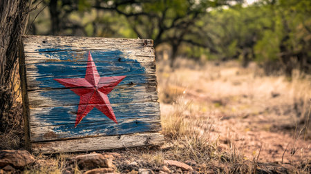 Rustic Wooden Board with Red Star Icon Symbolizing Texas Independence Day in Nature Setting. Concept of Texan Pride, Historical Commemoration, Cultural Heritage. Copy space.の写真素材