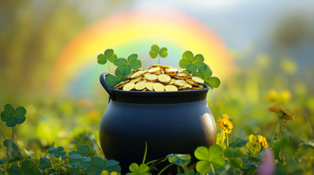 Black Cauldron Overflowing with Gold Coins and Lucky Clovers in a Lush Field Concept of St. Patrick's Day Prosperity and Good Fortune with a Rainbow in the Background.の写真素材