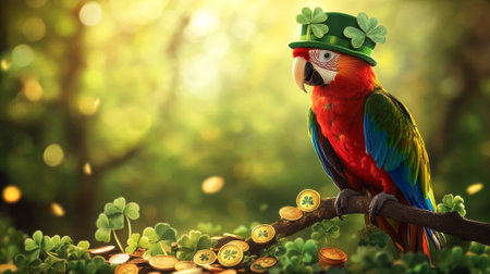 Vibrant Parrot with Lucky Hat on Branch Amid Shamrocks and Coins. Concept of St. Patrick's Day, Luck, Nature's Beauty. Copy space.の写真素材