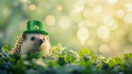 Curious hedgehog wearing a tiny green hat surrounded by clovers. Concept of St. Patrick's Day celebration, nature, and whimsical animals with bright bokeh background. Copy space.の写真素材