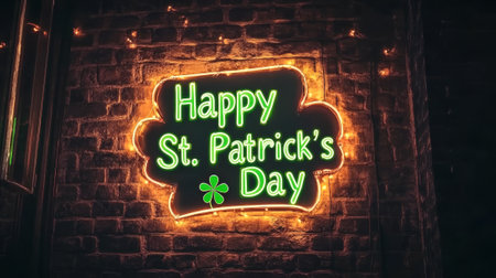 Glowing Neon Sign Celebrating Happy St. Patrick's Day on Brick Wall Background Concept of Irish...