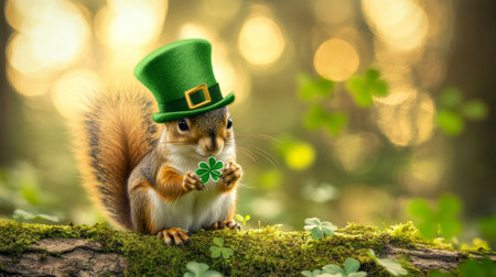 Playful Squirrel Holding a Shamrock on St. Patrick's Day. Concept of Nature, Celebration, and Luck...