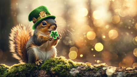 Playful Squirrel in Green Hat Holding a Shamrock in a Magical Forest Setting. Concept of St....