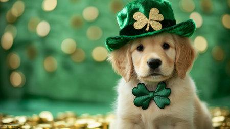 Adorable Golden Retriever Puppy in St. Patrick's Day Hat Surrounded by Gold Coins. Concept of...
