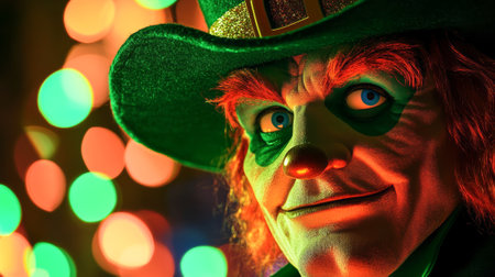 Mischievous Leprechaun with Green Hat and Glitter, Smiling During St. Patrick's Day Celebration....