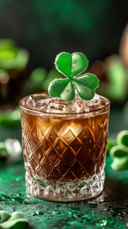 Irish Whiskey Cocktail with Symbolic Clover Garnish Celebrating St. Patrick's Day. Concept of Irish...