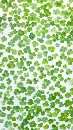 Green Clover Leaves Pattern on White Background. Concept of St. Patrick's Day, Luck, Nature's Beauty...