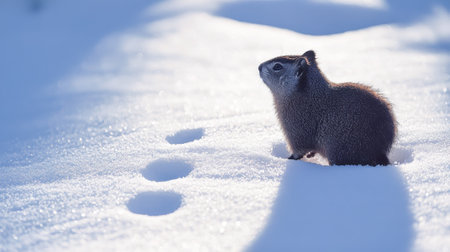 Close-Up of Groundhog's Shadow on Snow During Winter Day. Concept of Nature Observation, Seasonal...