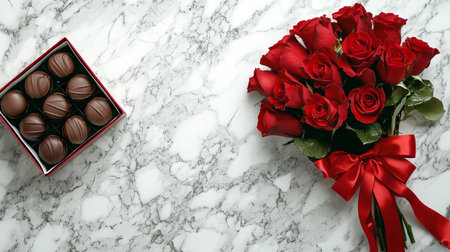 Romantic Red Roses Bouquet and Gourmet Chocolates on Marble Surface Concept of Valentine's Day Gift, Romance, Luxury, and Elegant Floral Arrangements for Special Occasions. Valentine's Day. Copy space.の写真素材