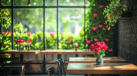 Cozy Eco-Friendly Cafe with Large Windows and Greenery. Concept of Sustainable Design, Modern Interior, Natural Light, Relaxing Ambiance, and Eco-Conscious Spaces.. Valentine's Day. Copy space.の写真素材