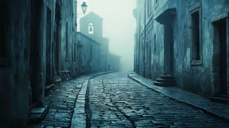 Serene Italian Street with Cobblestones on a Foggy Morning. Concept of Tranquility, Historic Architecture. Ash Wednesday.の写真素材