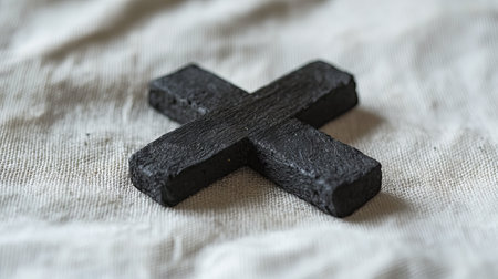 Ash Wednesday Cross Close-up on Fabric Surface. Concept of Religious Symbolism, Faith, Sacred Observance.の写真素材