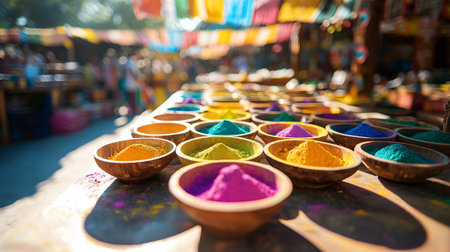 Indian Holi Festival with Colorful Powder Bowls in a Vibrant Outdoor Market. Concept of Cultural Celebration, Festive Traditions.の写真素材