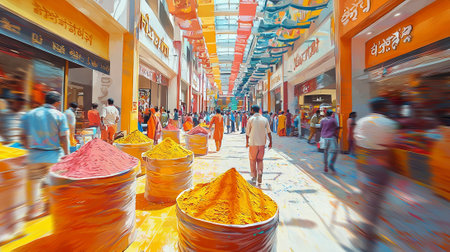 Vibrant Indian Holi Festival in a Modern Mall Illustration, Celebrating Colorful Traditions and...