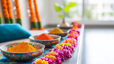 Vibrant Indian Holi Festival Setting with Color Powders and Flowers in a Modern Living Room. Concept...