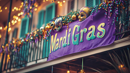 Vibrant Mardi Gras Flag and Festive Decorations with a Colorful Mask. Concept of Carnival Celebrations and Cultural Festivities.の写真素材